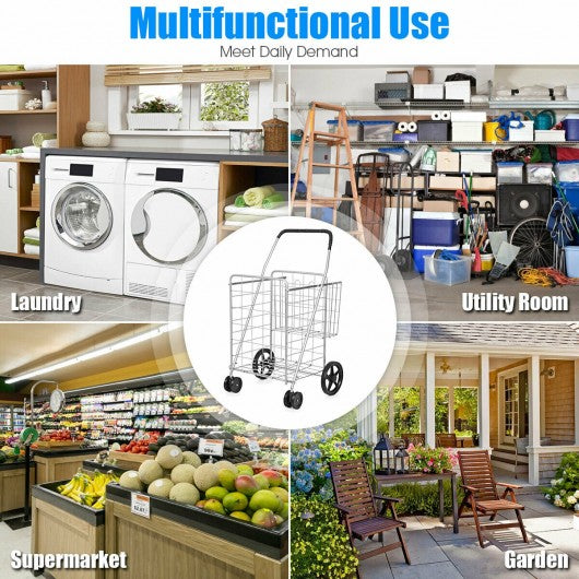 Folding Shopping Cart for Laundry with Swiveling Wheels & Dual Storage Baskets-Sliver