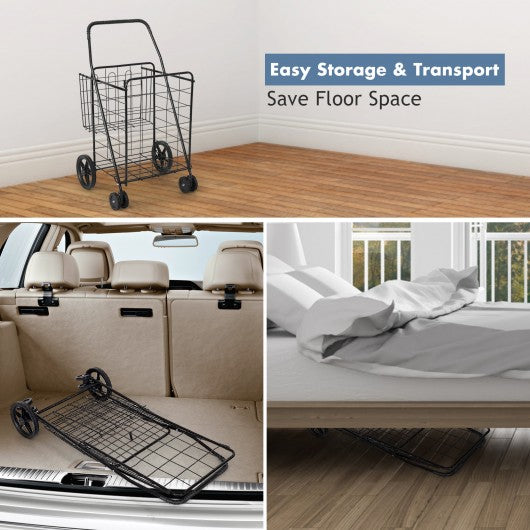 Folding Shopping Cart for Laundry with Swiveling Wheels & Dual Storage Baskets-Black