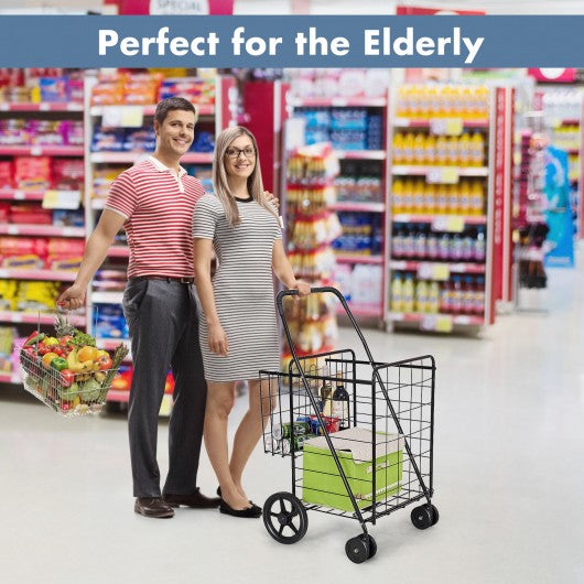 Folding Shopping Cart for Laundry with Swiveling Wheels & Dual Storage Baskets-Black