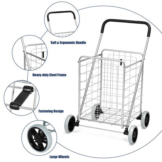 Portable Folding Shopping Cart Utility for Grocery Laundry-Silver