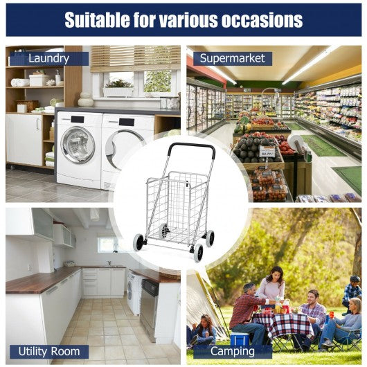 Portable Folding Shopping Cart Utility for Grocery Laundry-Silver