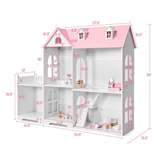 2-Tier Dollhouse Bookcase with Sufficient Storage Space-Pink