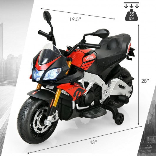 Aprilia Licensed Electric Toddler Ride-On Motorbike with Training Wheels and LED Lights-Red