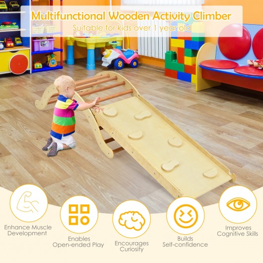 3-in-1 Kids Climber Set Wooden Arch Triangle Rocker with Ramp and Blue Mat