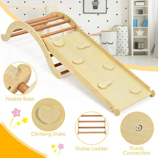 3-in-1 Kids Climber Set Wooden Arch Triangle Rocker with Ramp and Blue Mat