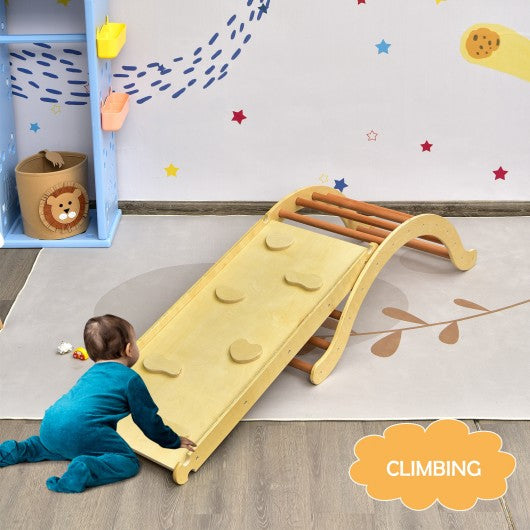 3-in-1 Kids Climber Set Wooden Arch Triangle Rocker with Ramp and Blue Mat