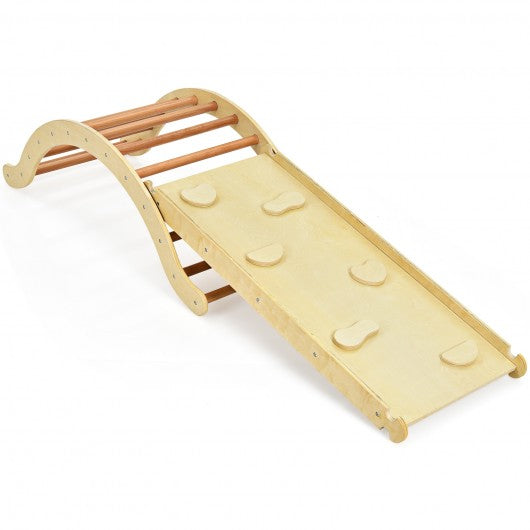 3-in-1 Kids Climber Set Wooden Arch Triangle Rocker with Ramp and Blue Mat