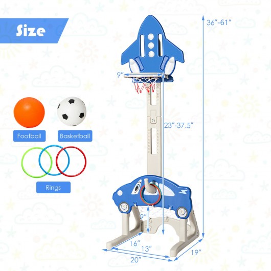 3-in-1 Basketball Hoop for Kids Adjustable Height Playset with Balls-Blue