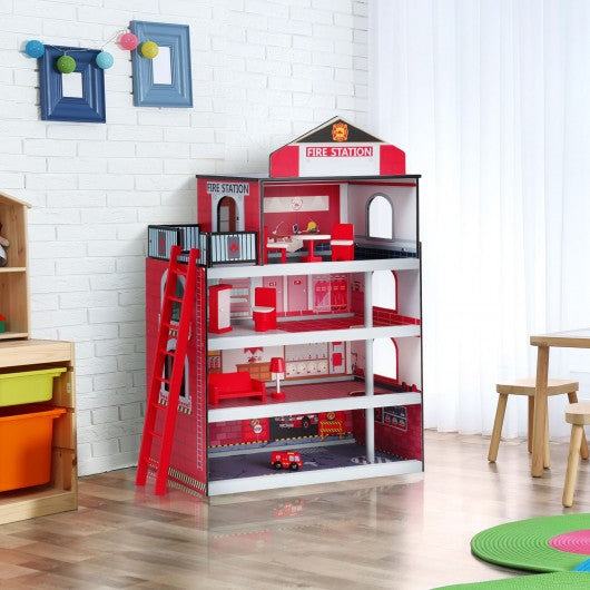 Wooden Fire Station Dollhouse Playset with Truck and Helicopter