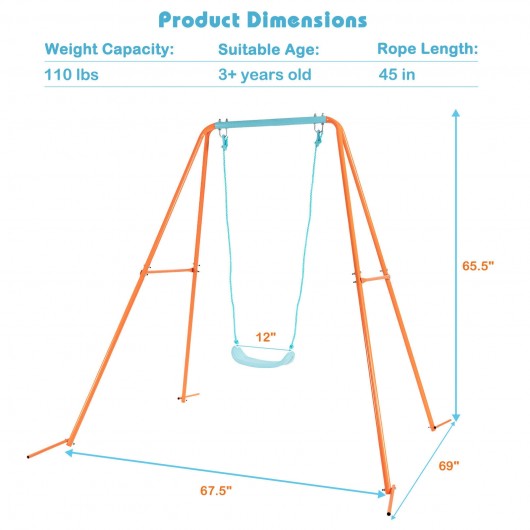 Outdoor Kids Swing Set with Heavy Duty Metal A-Frame and Ground Stakes-Orange