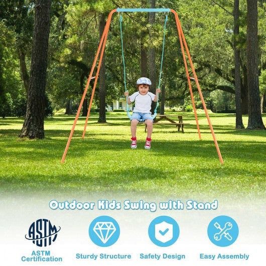 Outdoor Kids Swing Set with Heavy Duty Metal A-Frame and Ground Stakes-Orange