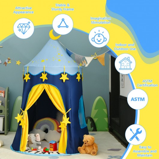 Indoor Outdoor Kids Foldable Pop Up Play Tent with Star Lights Carry Bag-Blue