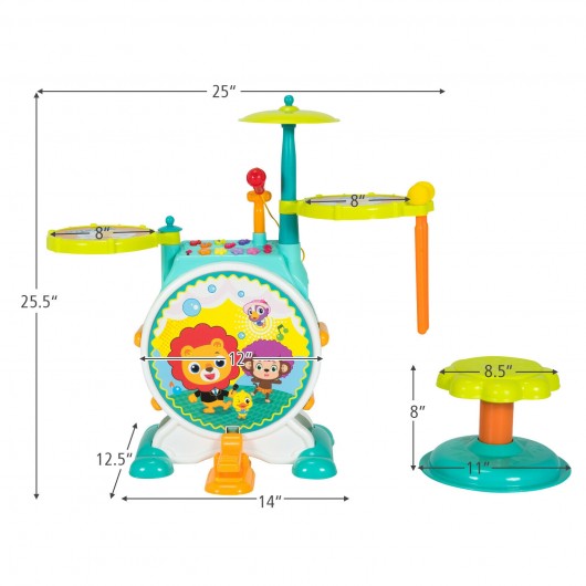 3-Piece Electric Kids Drum Set with Microphone Stool Pedal