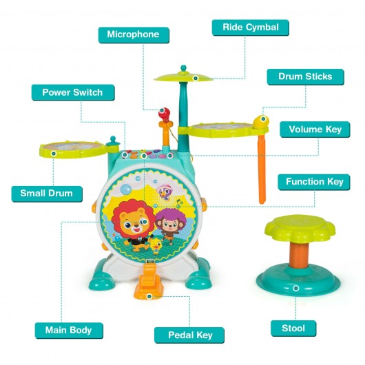 3-Piece Electric Kids Drum Set with Microphone Stool Pedal